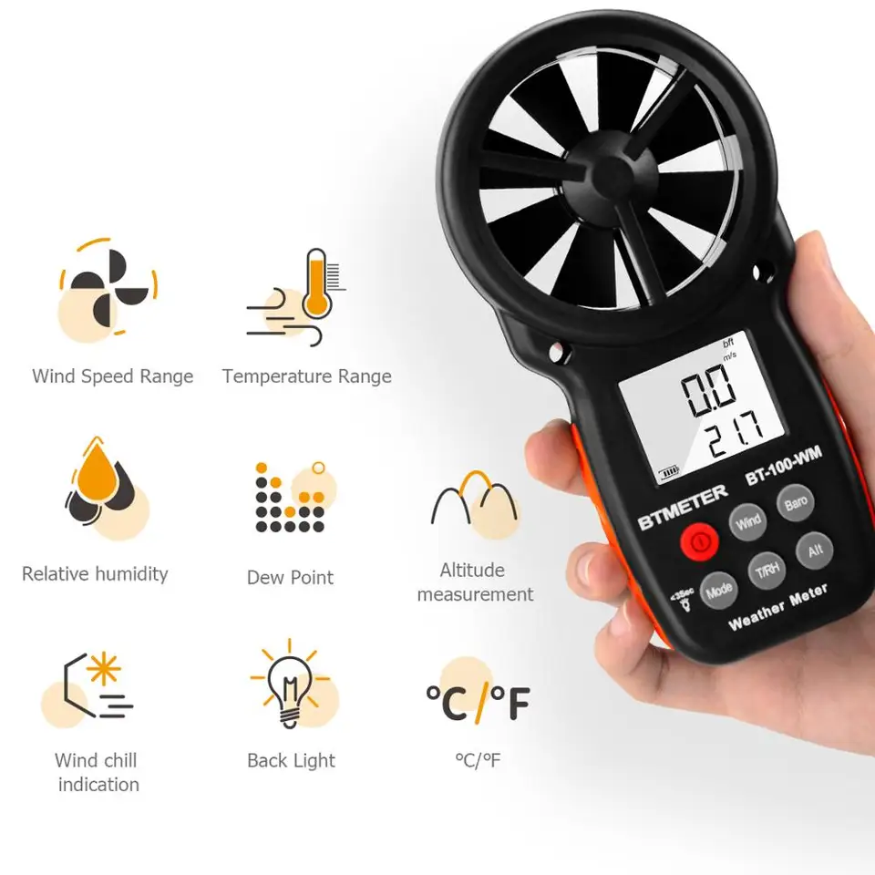BT-100-WM Anemometer | Wind Speed, Temp, Humidity & Altitude | HVAC, Drone, Climbing - Thumbnail 4