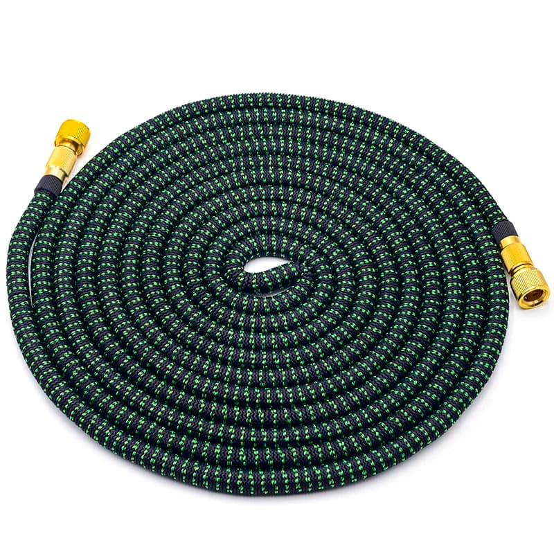 Expandable washing machine hose, coiled on a white background.