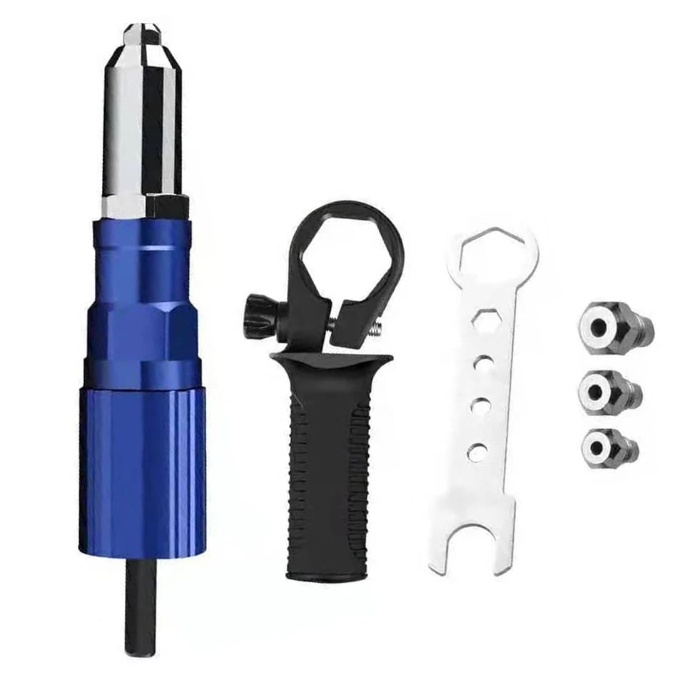 Rivet gun kit with multiple components on a white background.