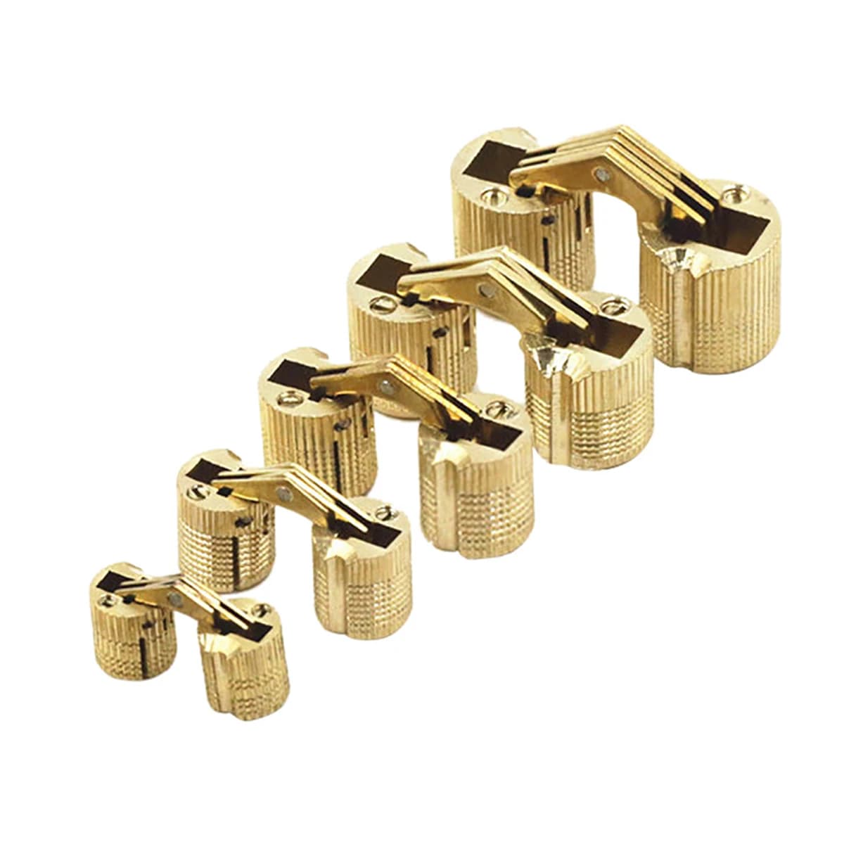Set of four 180-degree hidden barrel hinges in copper finish, available in 10mm to 18mm sizes for doors, tables, and DIY furniture.