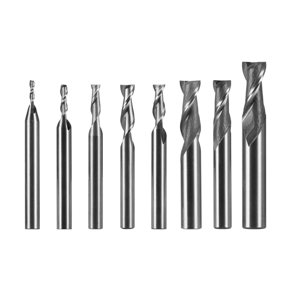 Carbide two-flute straight shank end mill in 4-12mm sizes, HRC65 hardness for CNC milling of stainless steel and other materials.