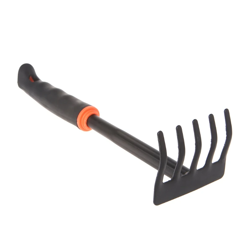 Portable mini steel rake digging tool for home garden transplanting, planting, and small-scale soil cultivation.