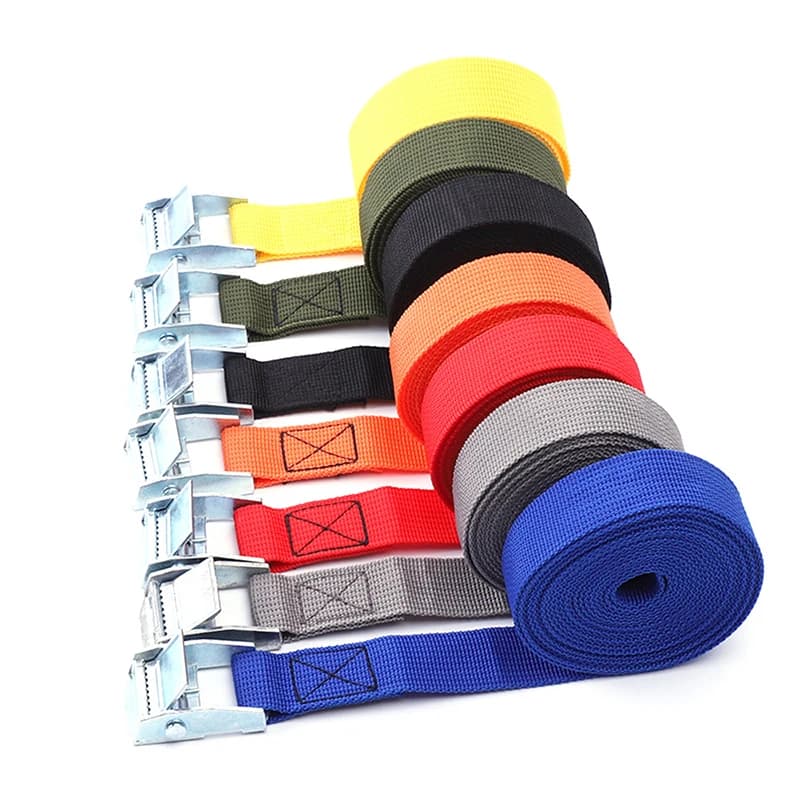 5-meter by 25mm heavy-duty ratchet tie down strap with cam buckle, for securing cargo, motors, and shipping packages.