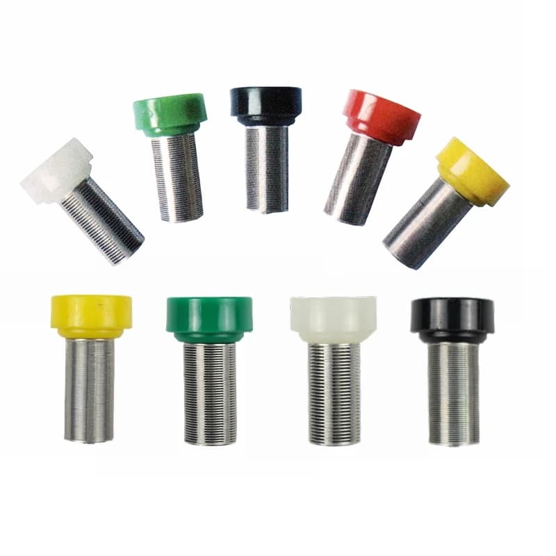Paint sprayer filters in various colours, arranged as a collage.