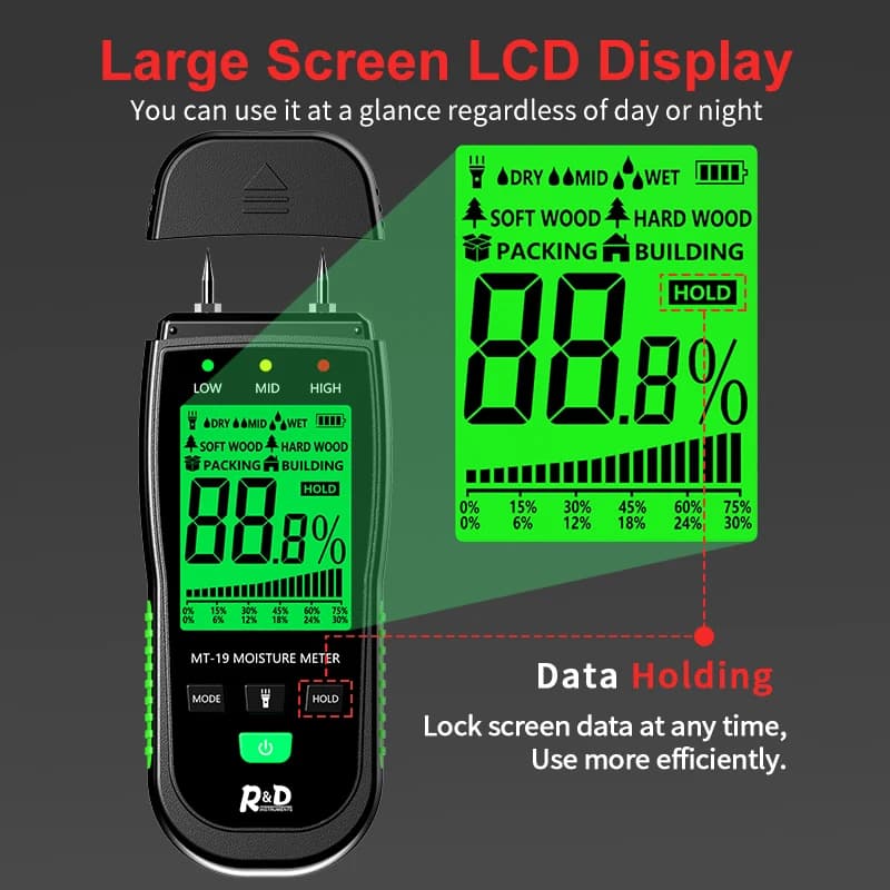 R&D MT-19 Wood Moisture Meter | Digital Timber Damp Detector | Wall Hygrometer - Thumbnail 3