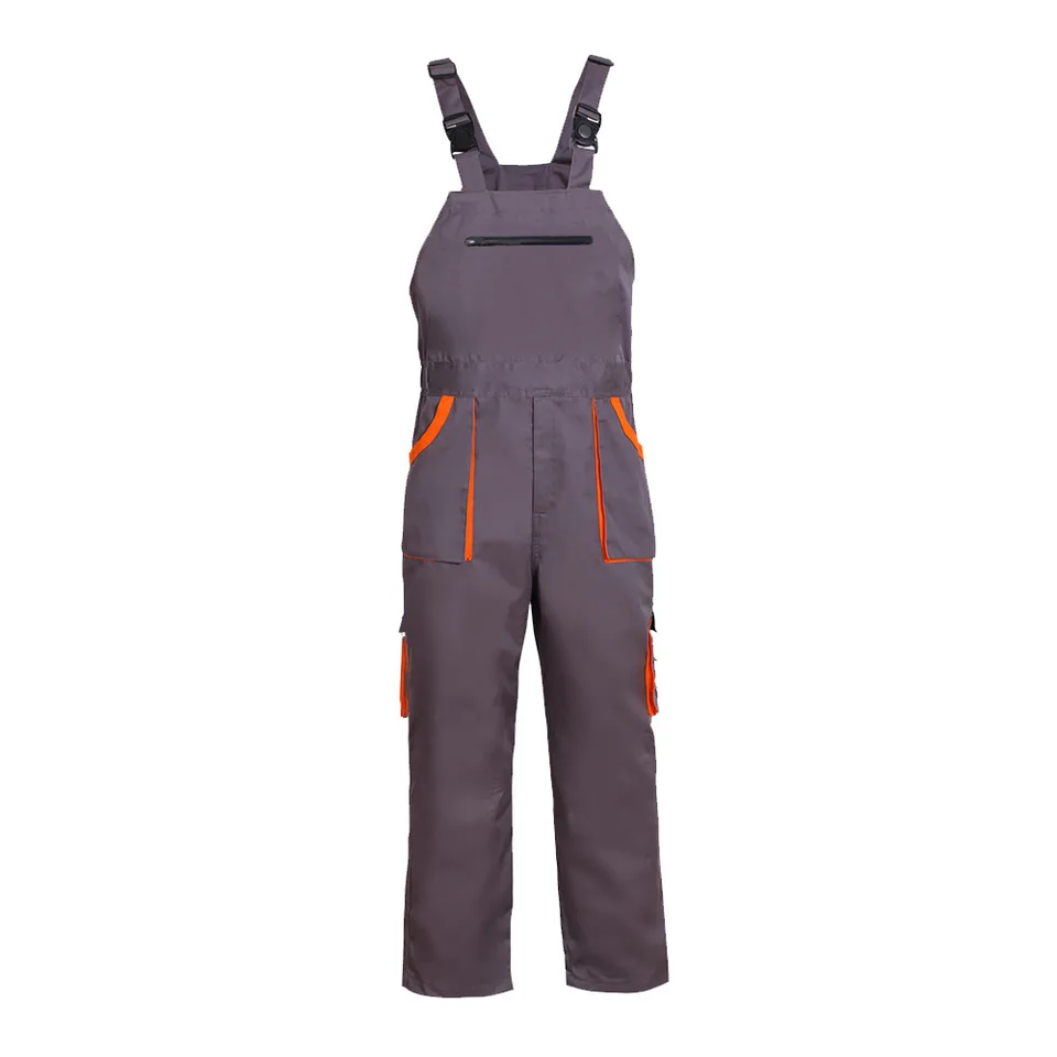 Men's Bib Overalls, grey with orange accents, on a plain white background.