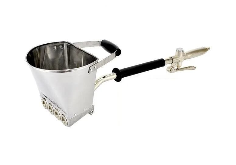 Manual mortar spray gun with hopper and ladle for applying stucco, cement, or plaster to walls.