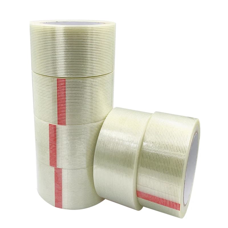 Mono Filament Packing Tape Transparent: Multiple rolls with red stripes on a white background.