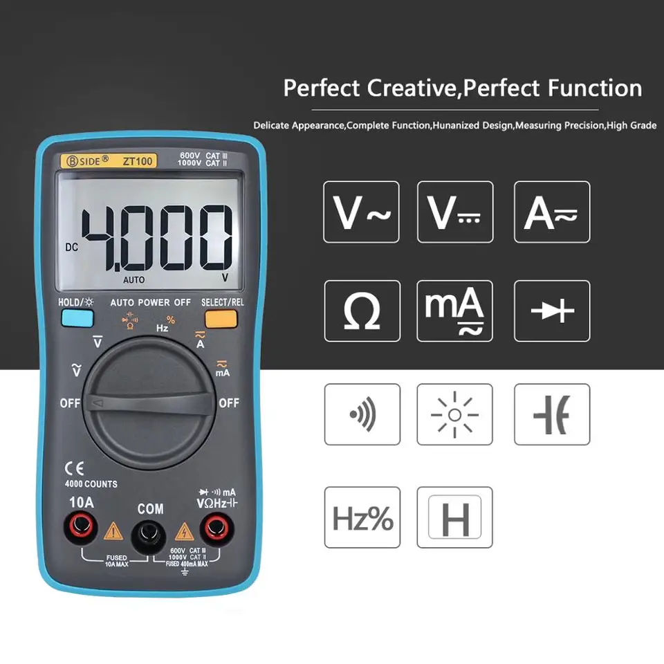 ZT100 Digital Multimeter | 4000 Count AC/DC Voltage & Current | Capacitance & Diode Tester - Thumbnail 3