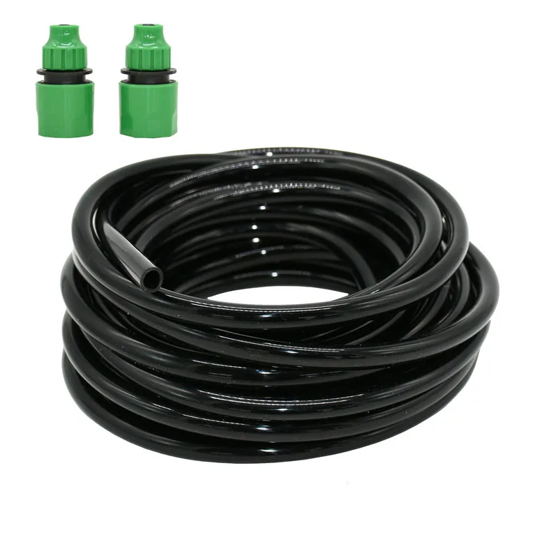Expandable Garden Hose: coiled black hose and two green connectors on a white background.
