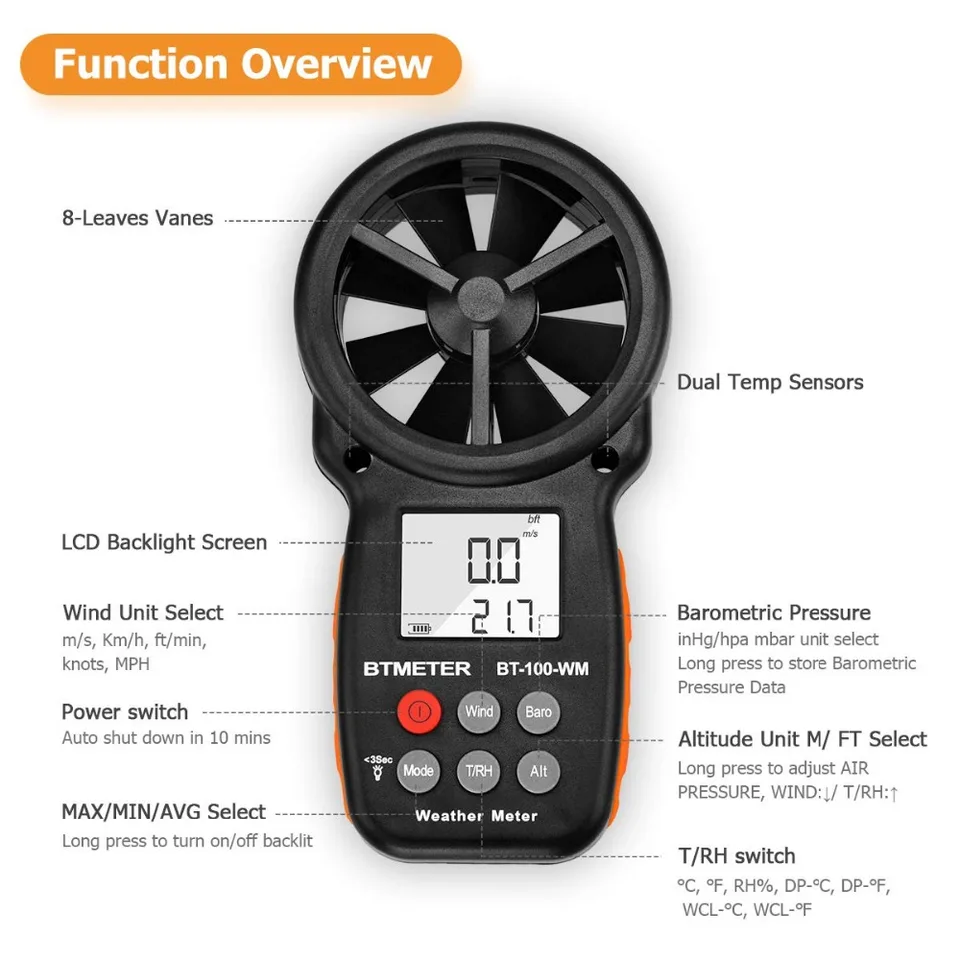 BT-100-WM Anemometer | Wind Speed, Temp, Humidity & Altitude | HVAC, Drone, Climbing - Thumbnail 5