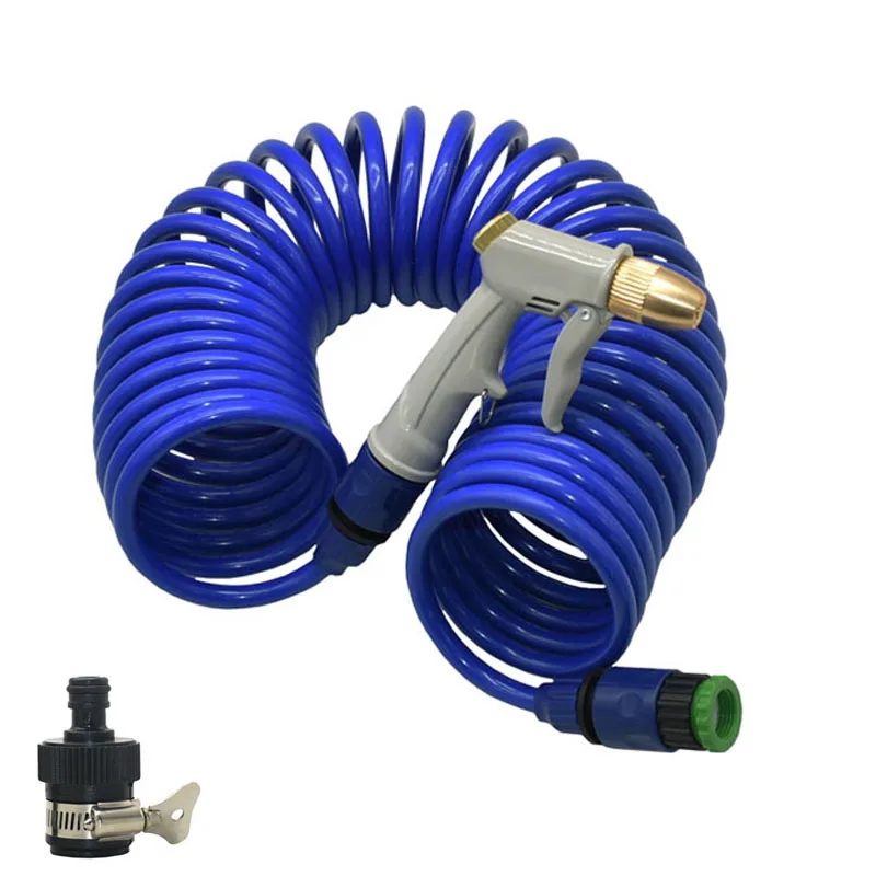 Multifunctional garden water gun kit with an EVA spring tube, adjustable sprinkler head, and attachments for irrigation, car washing, and yard cleaning.