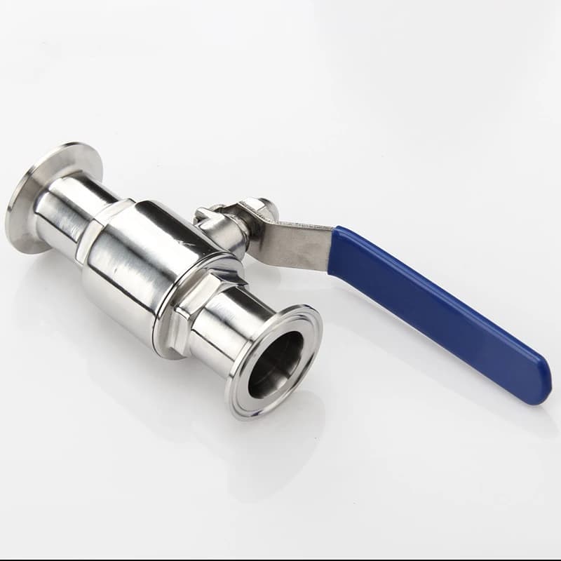 Stainless 304 Steel 2-Way Ball Valve, blue handle, plain light background.