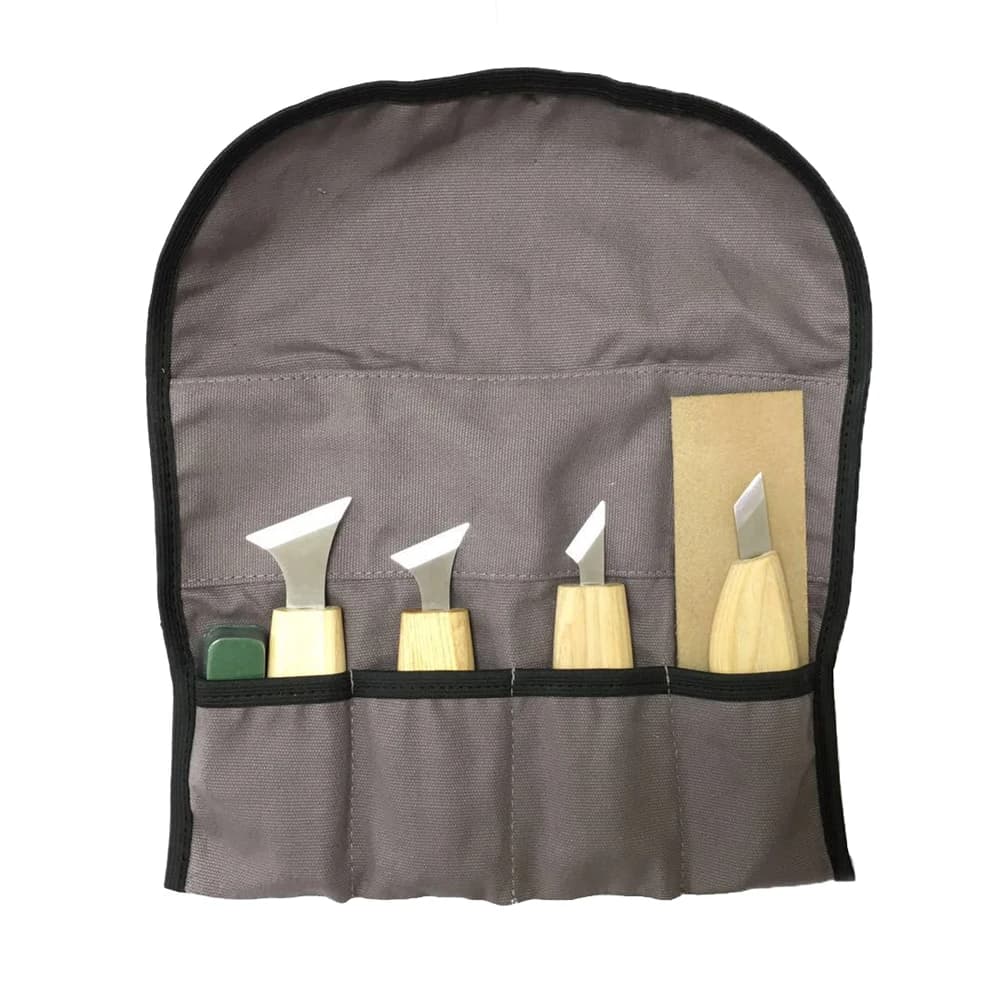 Professional 7-piece woodcarving chisels set with stainless steel blades and ergonomic handles for chip carving and sculpture.