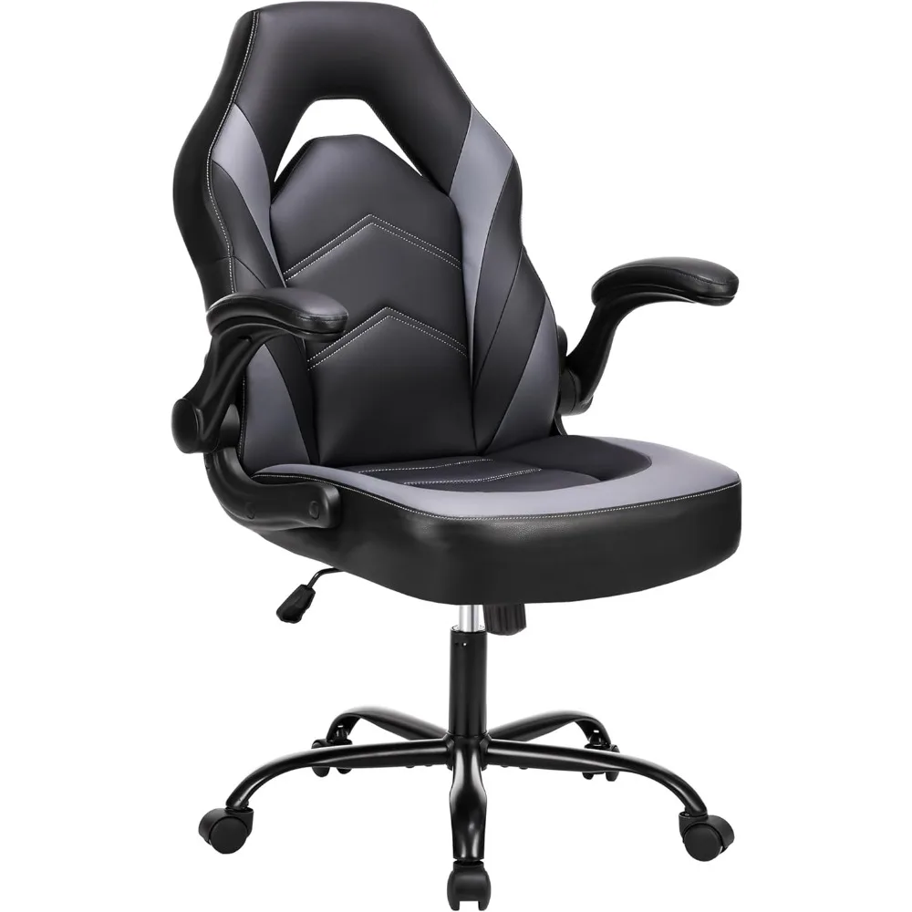 Ergonomic racing-style gaming chair with PU leather upholstery, flip-up armrests, adjustable height, and swivel base for home office.