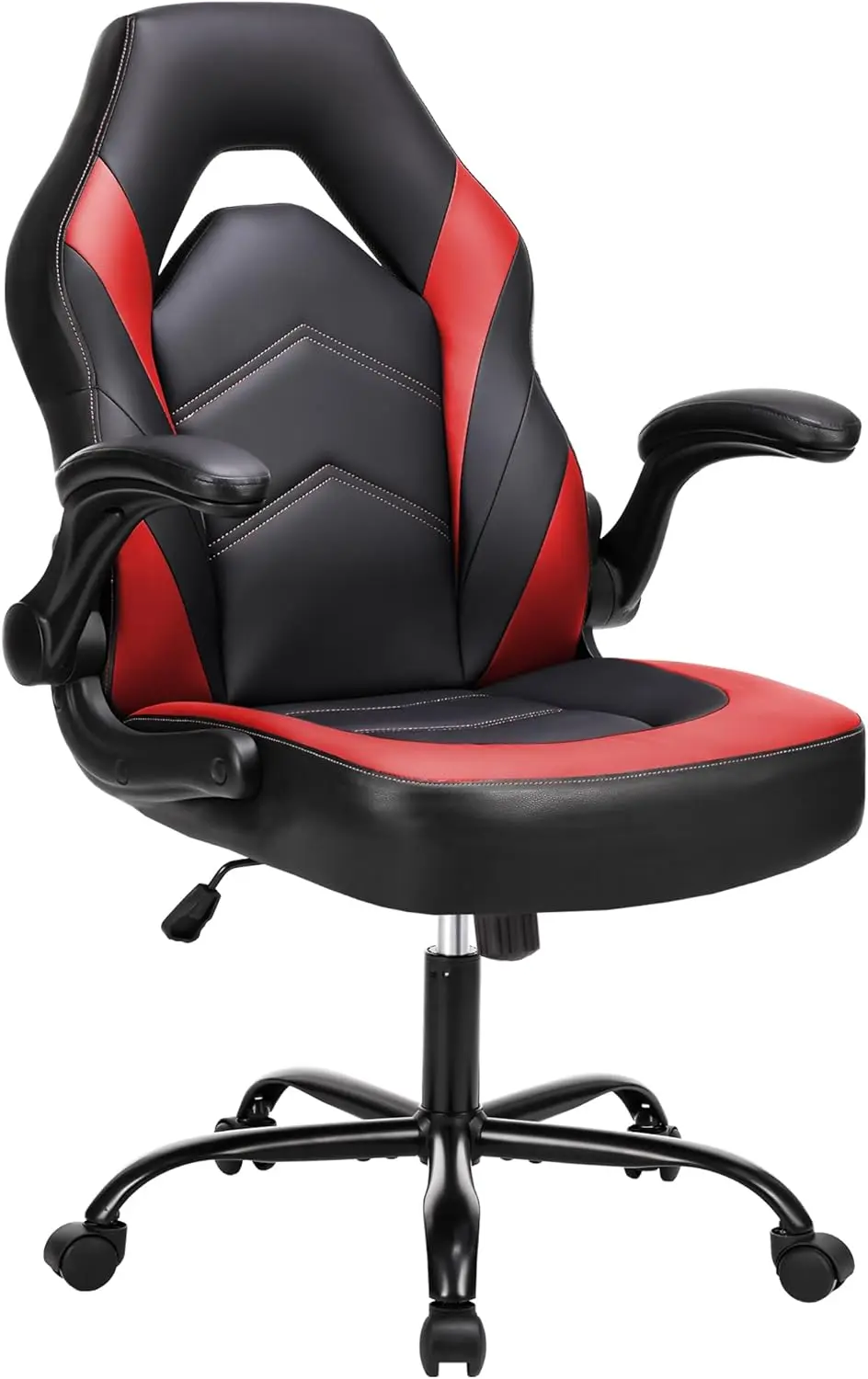 Scarlet red ergonomic gaming chair with PU leather upholstery, flip-up armrests, and adjustable height suitable for both adults and children.