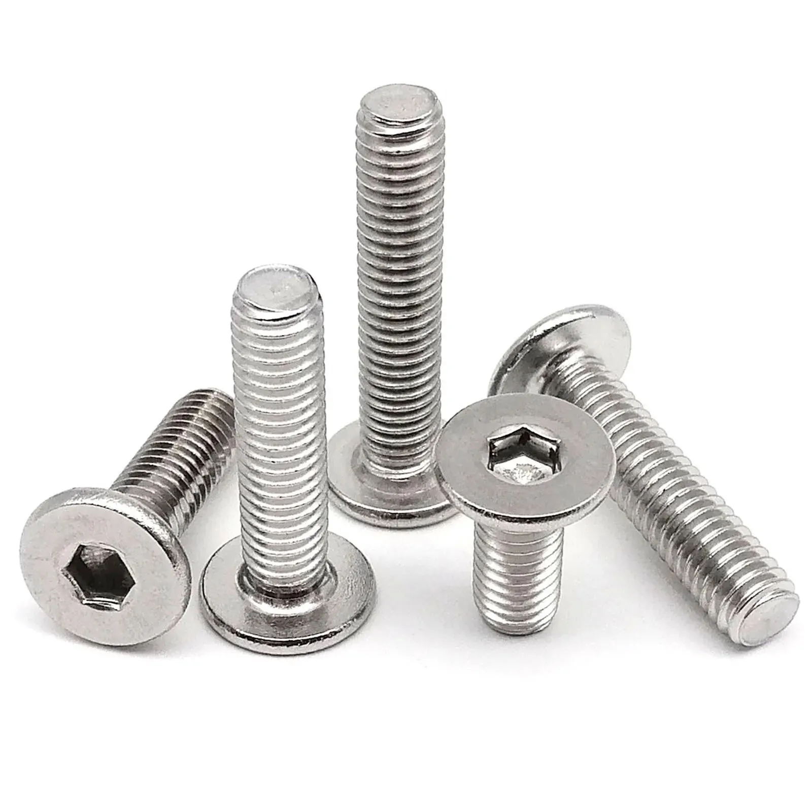 Stainless steel hex socket wafer head screws in metric sizes M2 to M8, featuring a low-profile flat design for space-constrained applications.