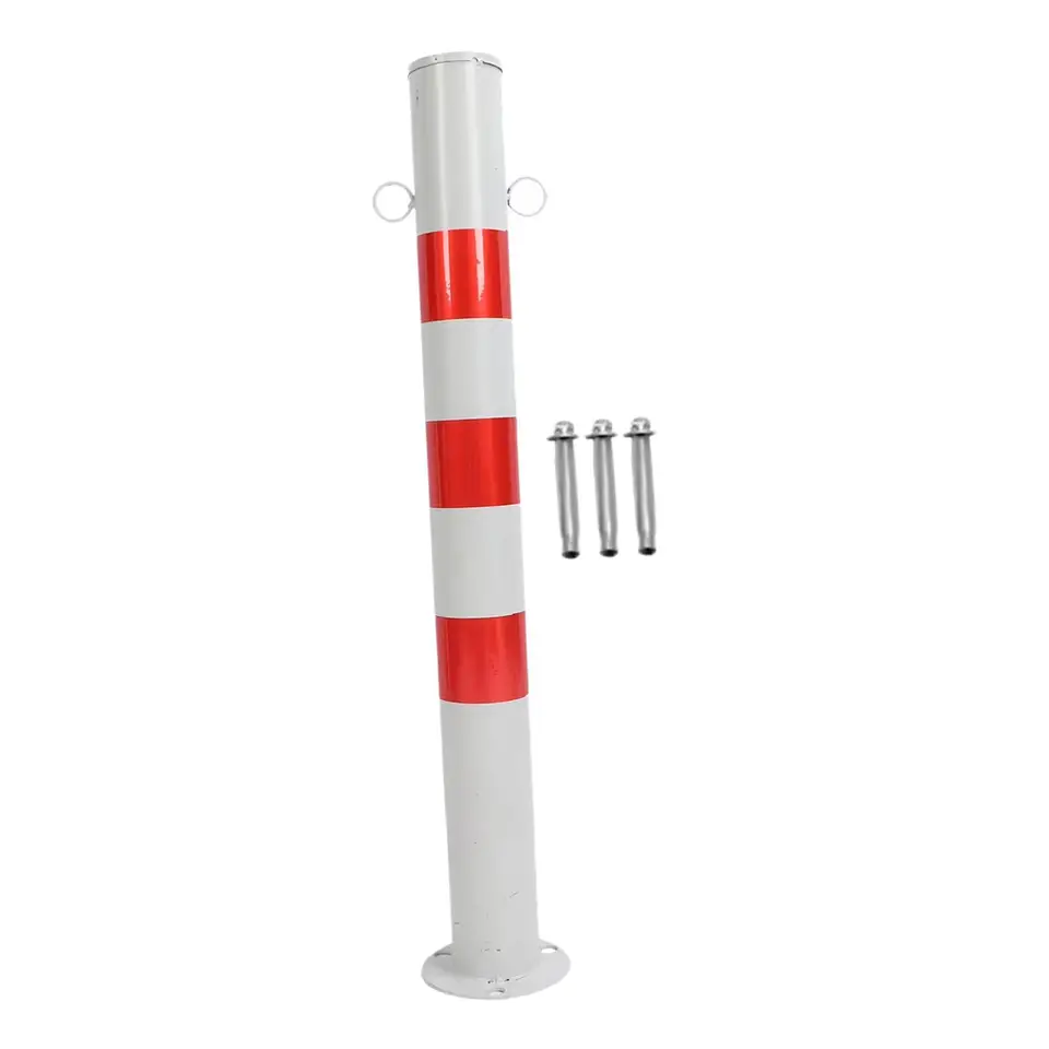 Steel Security Bollard: White and red striped bollard with three bolts on a white background.