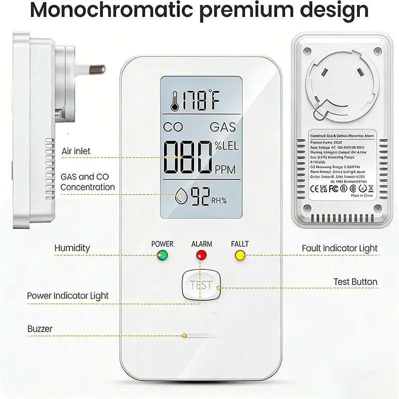 4-in-1 Carbon Monoxide Detector | CO & Natural Gas Alarm | Plug-in Temp & Humidity - Thumbnail 7