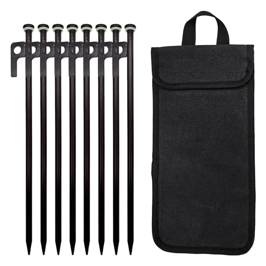 Ground screw tent pegs and carrying bag on a white background.