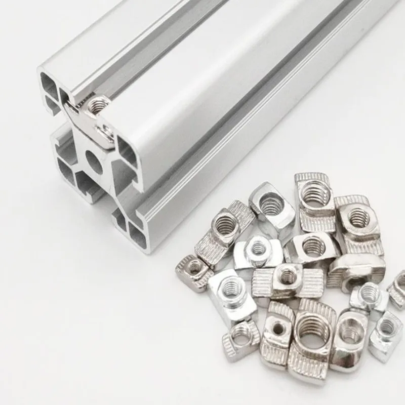 Assortment of nickel-plated T-nuts with hammer head design in M3 to M8 sizes, compatible with 1515, 2020, 3030, 4040, and 4545 aluminum profiles.