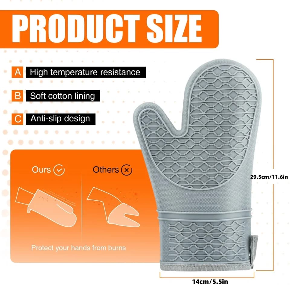Heat Resistant Oven Gloves | Silicone, Cotton Lined | Non-Slip Grip, BBQ - Thumbnail 2