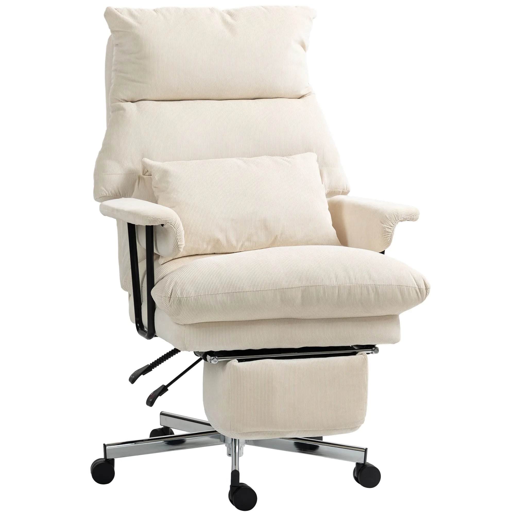 Cream white executive office chair with high back, reclining function, built-in footrest, and lumbar support for comfortable desk work.