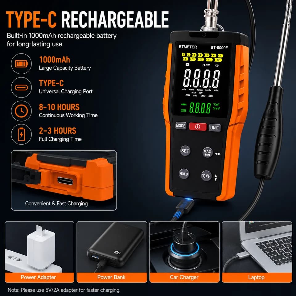 BTMETER 9000F Anemometer | Telescopic Probe Air Flow Meter | HVAC Wind Speed Tester - Thumbnail 6