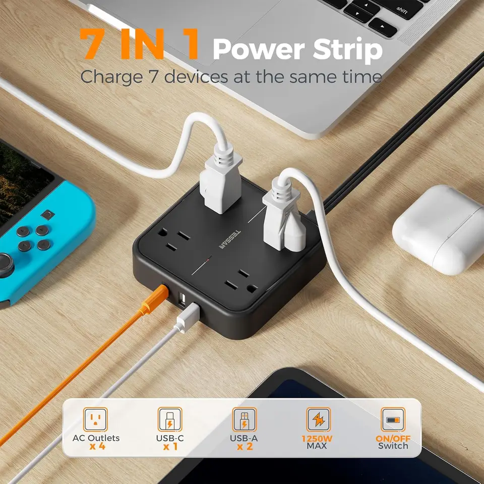 TESSAN Flat Extension Lead | 5ft Cord with USB-C | AC Outlets & Network Filter - Thumbnail 5