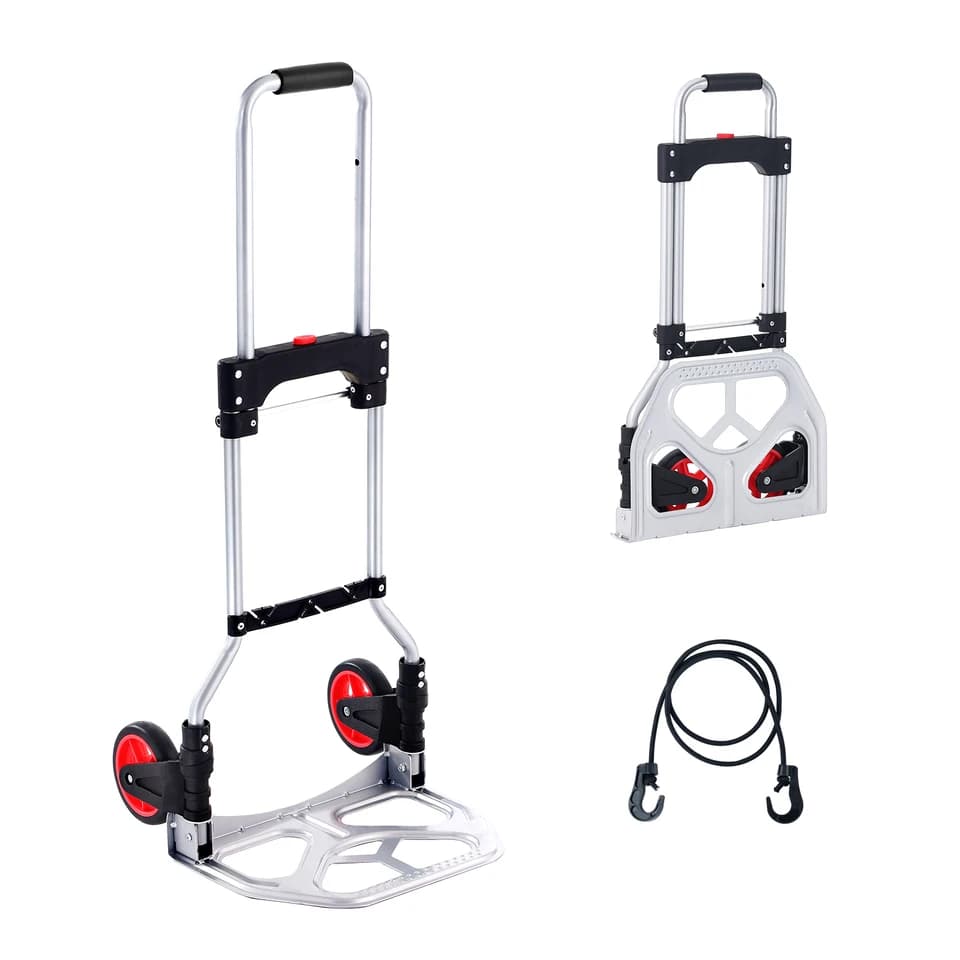 Folding Aluminium Stair Climbing Sack Truck, shown folded and unfolded with an accessory.