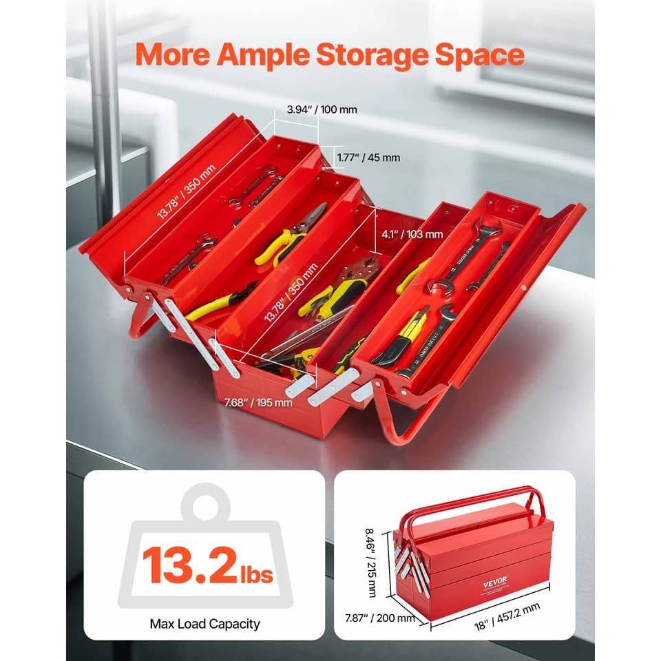18in Metal Tool Box | 3-Tier Folding Tool Chest | Portable for Workshop & Site - Thumbnail 2