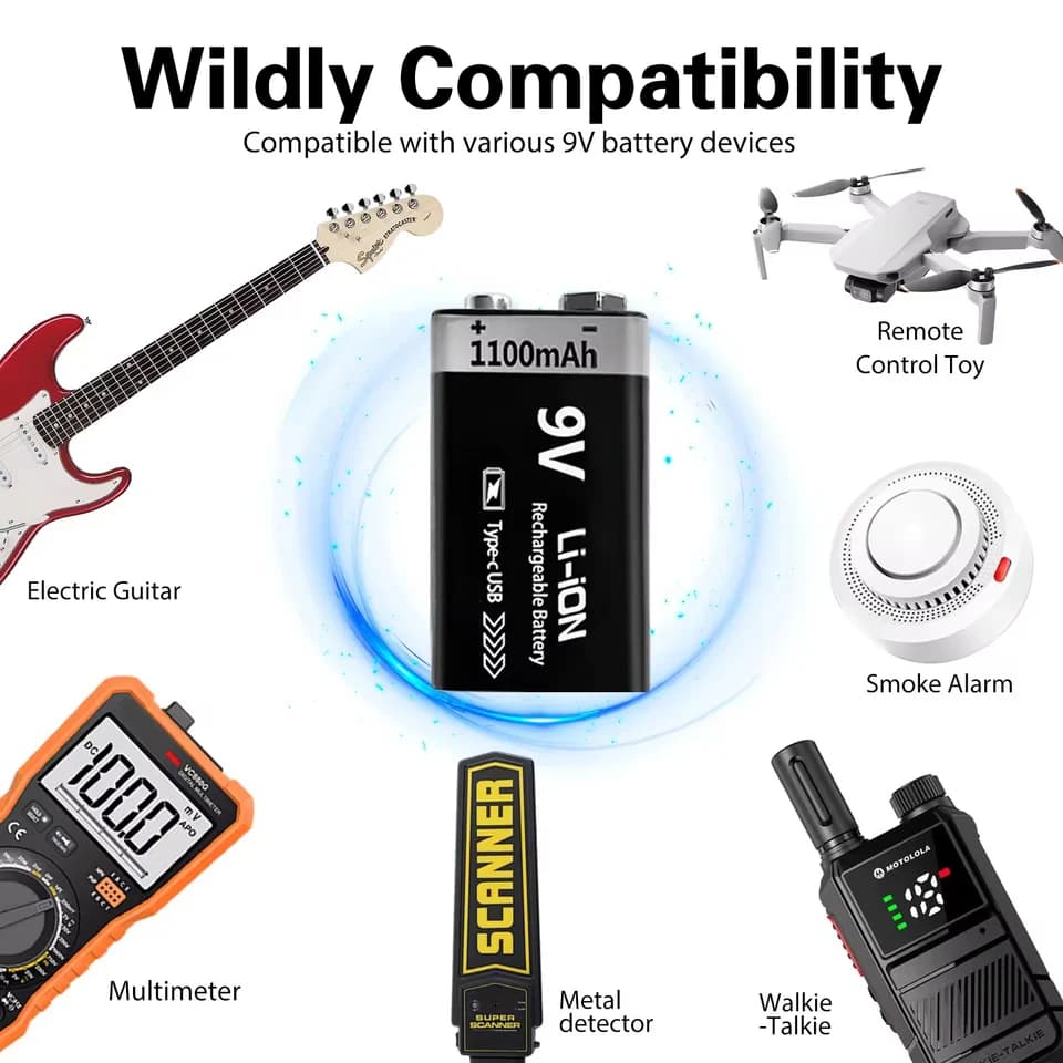 Rechargeable 9V Li-ion Battery for Multimeters | 1100mAh Type-C | RC Model 6F22 - Thumbnail 7