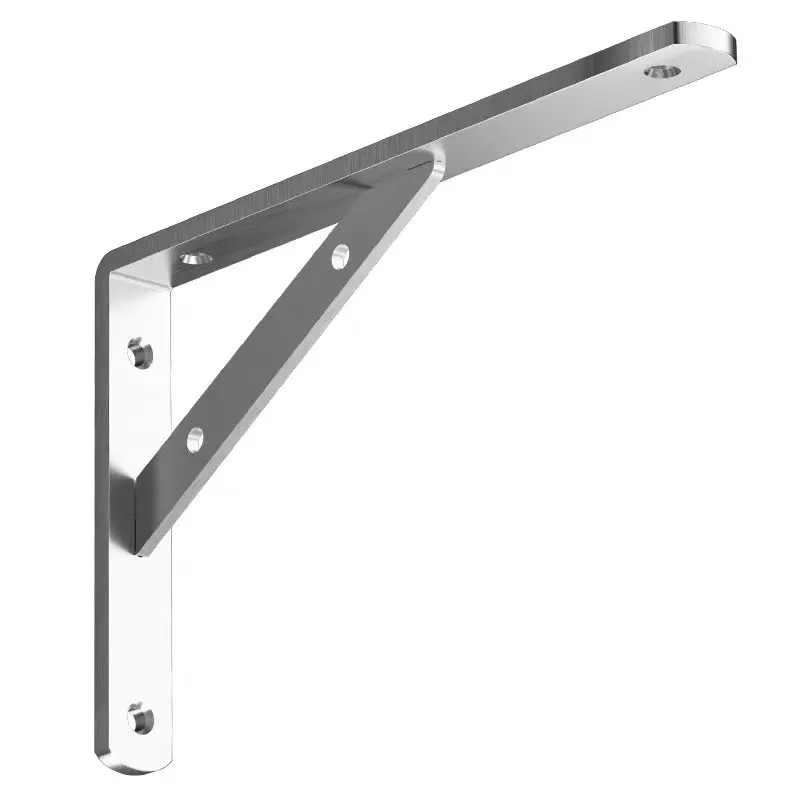 Stainless steel L brackets: a single metal shelf bracket on a plain white background.