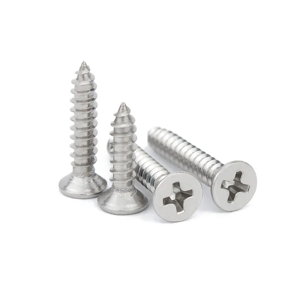 316 stainless steel cross Phillips flat countersunk head self-tapping wood screws in M3.5 through M6.3 sizes.