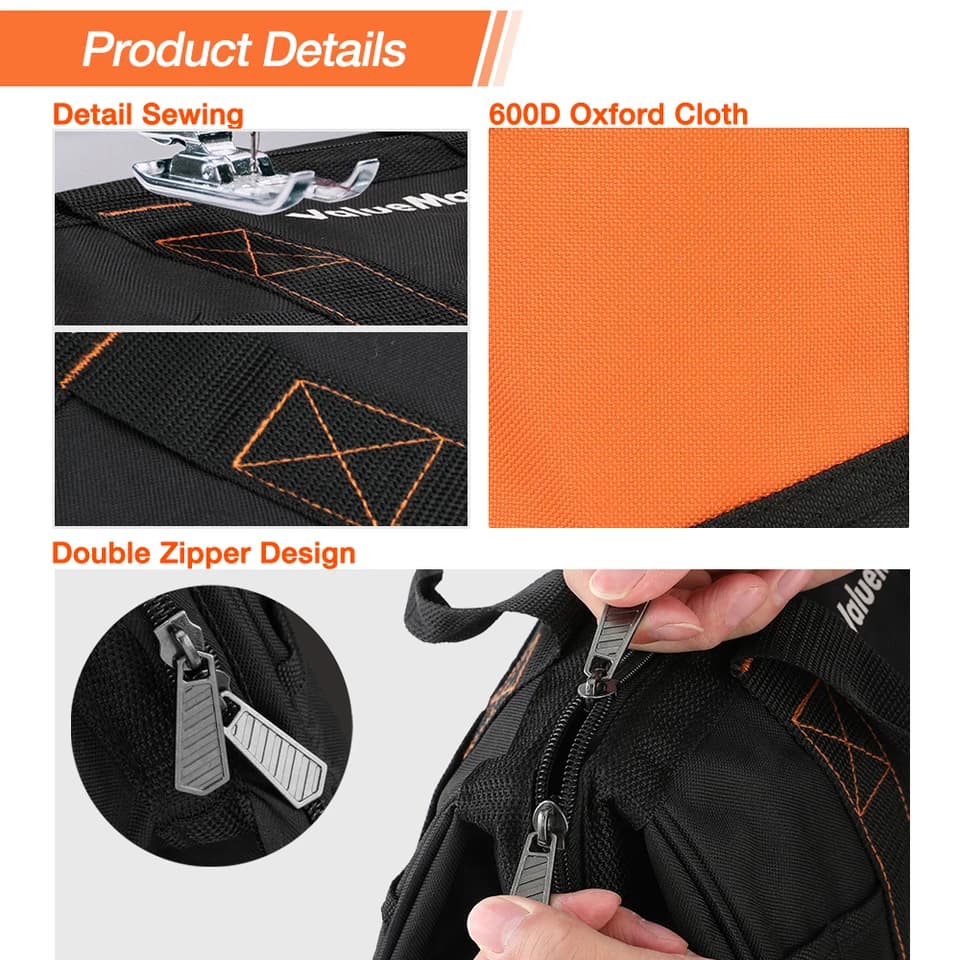 ValueMax 13-Inch Tool Bag | Wide Mouth Organiser | Heavy Duty Orange Tote - Thumbnail 3