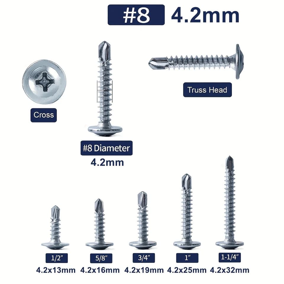 Self Tapping Screws #8 Phillips Truss Head | Zinc Coated Tek Screws | Lath to Metal Studs 100pk - Thumbnail 2