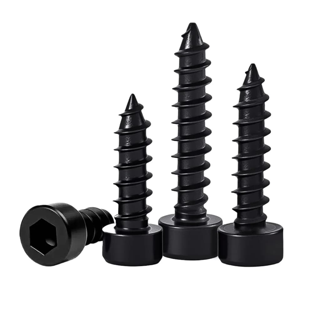8.8 grade black hex socket cap head self-tapping screws in sizes M1.7 to M6 for speaker assembly and general hardware use.
