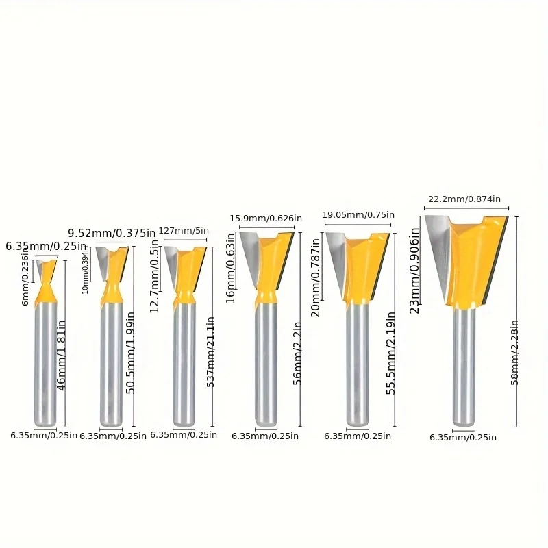 6PC Router Bits | 1/4" Shank Dovetail & Straight | Hard Alloy Mortise/Tenon - Thumbnail 4