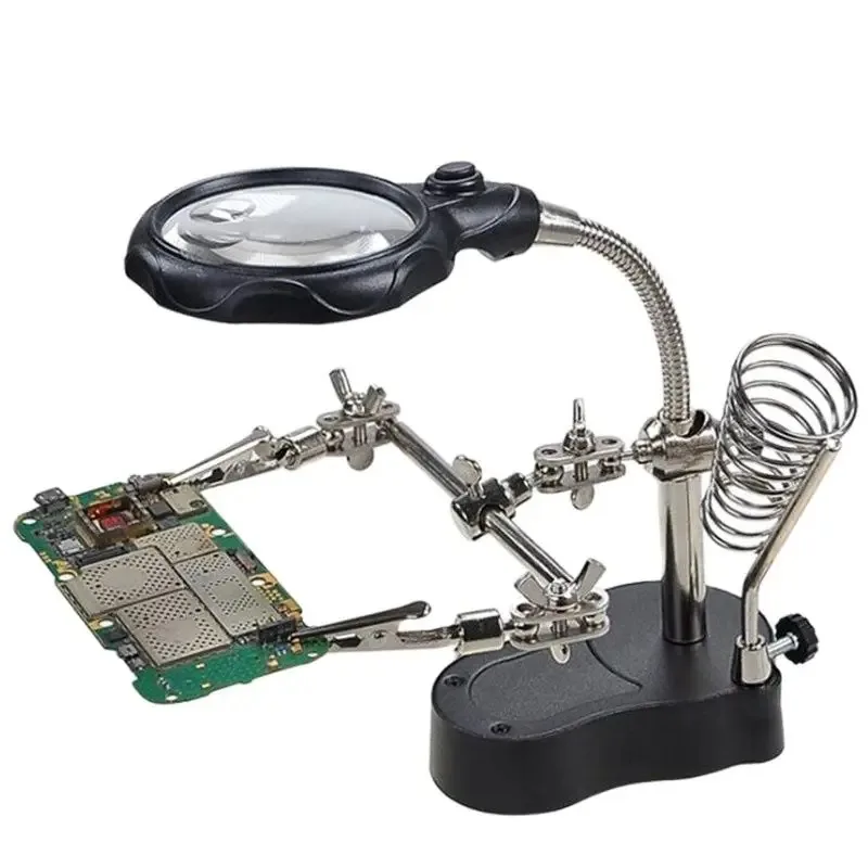 3.5X to 12X Helping Hands soldering station with magnifying glass, two LED-lit alligator clips, and a stable weighted base for welding and electronics work.