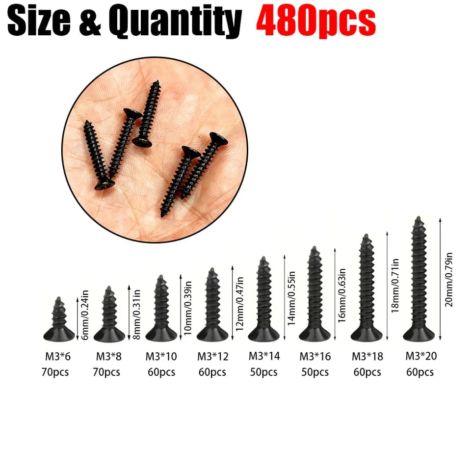 Self Tapping Screws Assortment Kit | 480 Black Wood Screws | 6-20mm Sizes - Thumbnail 4