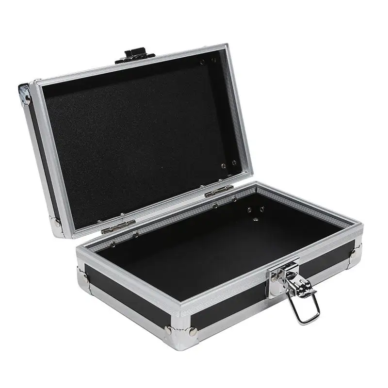 Small portable aluminum alloy toolbox with drop-resistant hard case construction for jewelry or instrument storage.