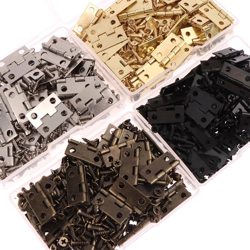 Fifty decorative mini hinges with four-hole design, plus two hundred screws. Available in iron with gold, silver, black, or bronze finishes for furniture hardware.