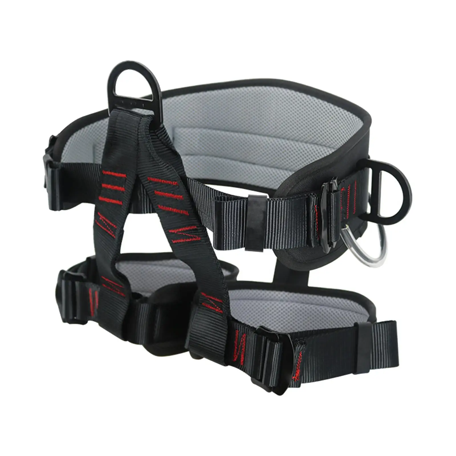 Heavy-duty 25kN tree climbing harness with adjustable leg loops and waist belt for professional arborist and survival use.