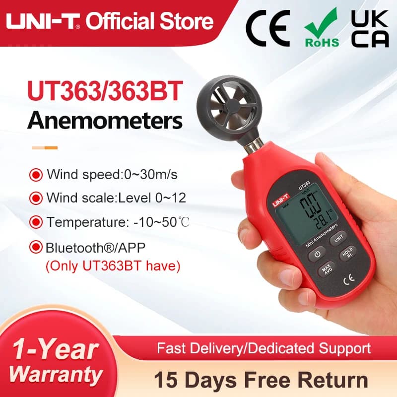 UNI-T UT363BT Anemometer proving unit | 0-30m/s Wind Speed & Temp Meter - Thumbnail 2
