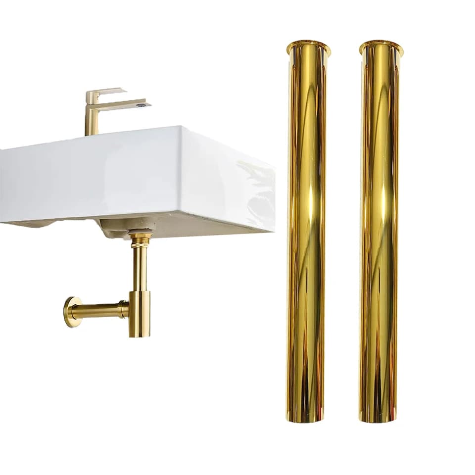 Flexible Kitchen Sink Bottle Trap Extension: white sink, gold faucet, and separate gold pipes.