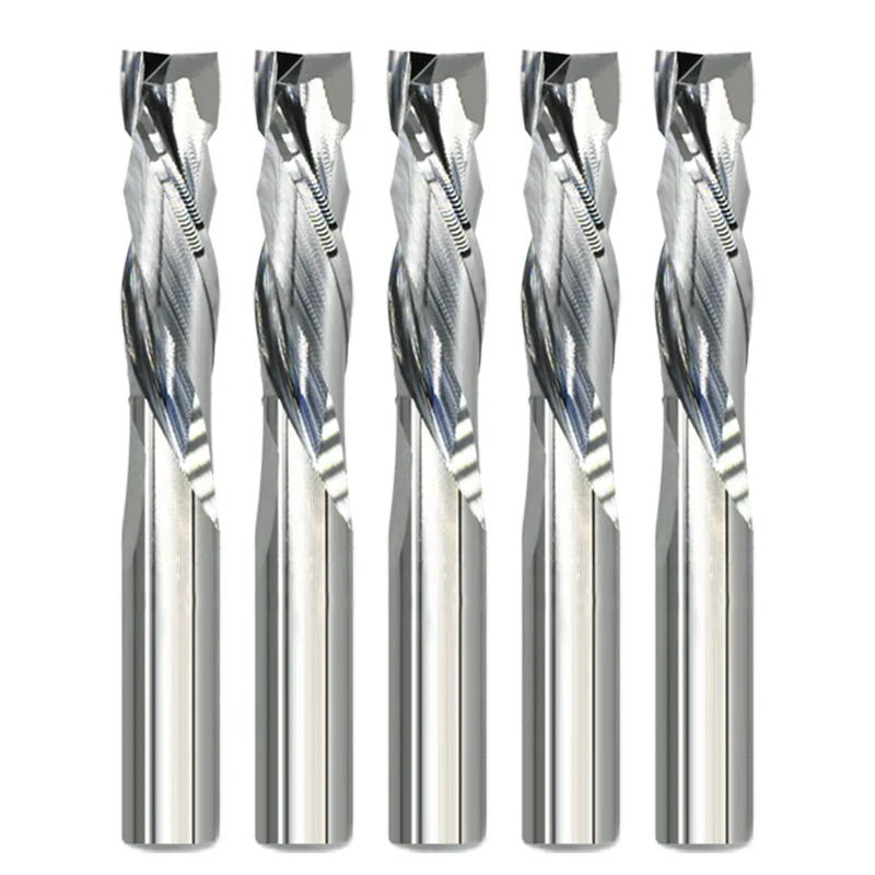 Five-piece set of premium carbide compression router bits with K30 grade, featuring up and down cut designs for plywood, laminate, MDF, and melamine.