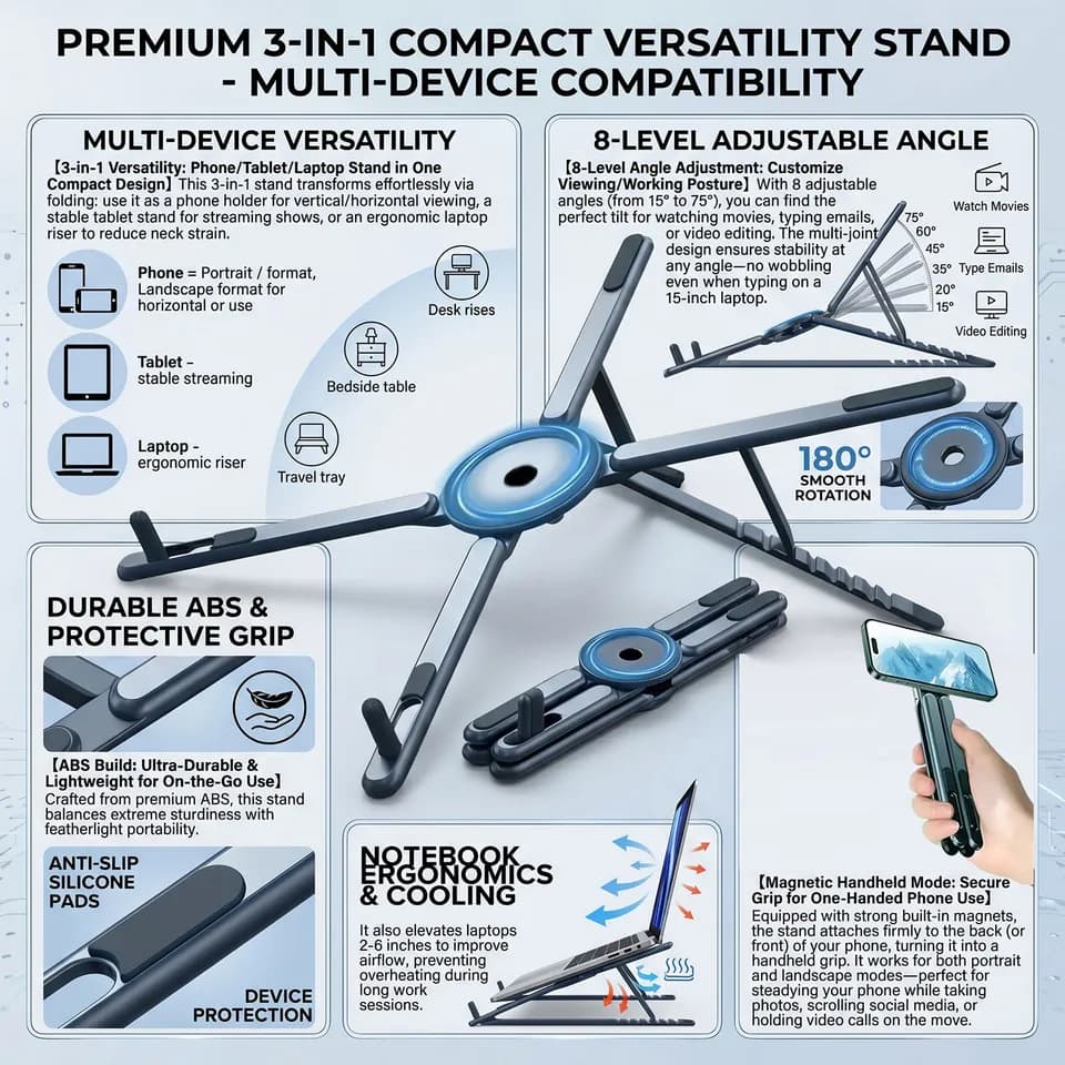 Foldable Laptop Stand | Magnetic & Adjustable | Phone/Tablet Holder - Thumbnail 3