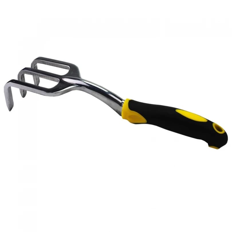 A lightweight aluminum alloy garden rake with three claw-like teeth for loosening soil, digging, and removing weeds in planting beds.