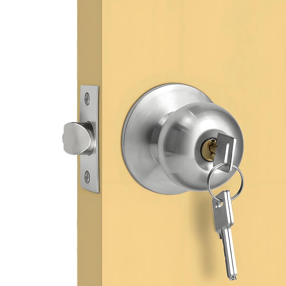 Stainless steel round door knob with keyed entry, suitable for both interior and exterior doors in bedroom or bathroom.