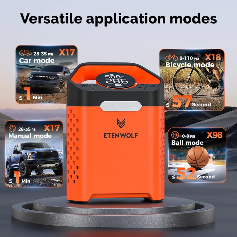 ETENWOLF V3 Digital Tyre Inflator | 160 PSI, 100% Duty Cycle | Cars, Bikes - Thumbnail 3